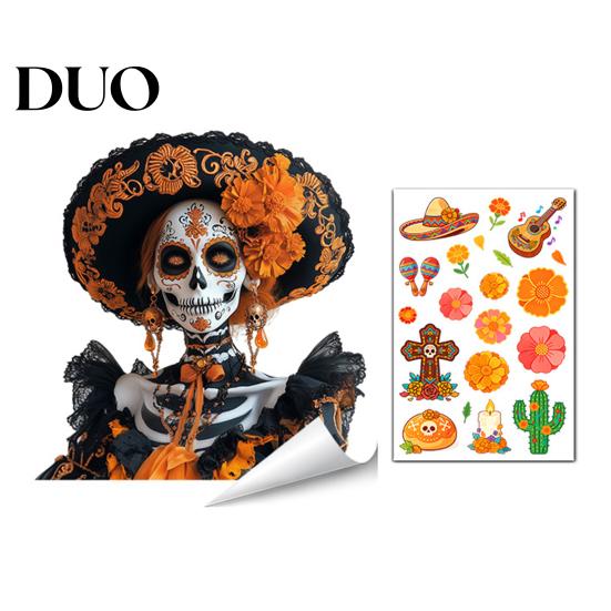 Easy Install Window Pavement Day of The Dead Clings, Halloween Double-Sided Skull Sticker, Ethnic Pattern Wall Art Colorful Flower Skeleton