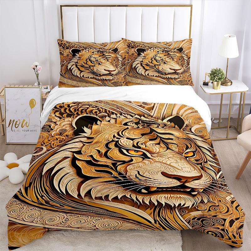 3pcs Tiger Art Print Duvet Cover Set - Machine Washable, Includes 1 Cover and 2 Pillowcases, No Core Included yy251013052