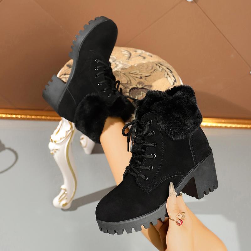 Warm Fluffy Fur Black Ankle Boots Women 2025 Winter Non Slip Thick Bottom Snow Boots Chunky Platform High Heel Shoes for Woman