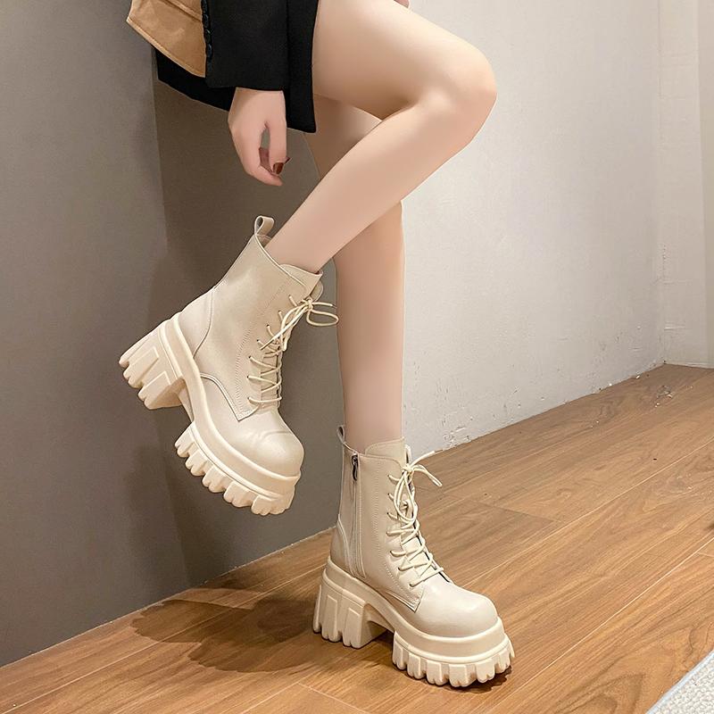 Fashion Lace Up Women High Platform Ankle Boots 2024 Winter Thick Sole Motorcycle Boots 9.5CM Heels Chunky Leather Sneakers Woman Shoes