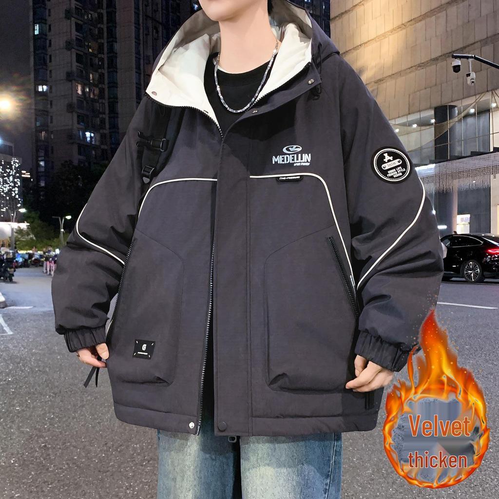 Men's & Teen Boys' Trendy Velvet-Enhanced Winter Jacket, Thick Cotton Windbreaker for Older Kids & Junior High Students