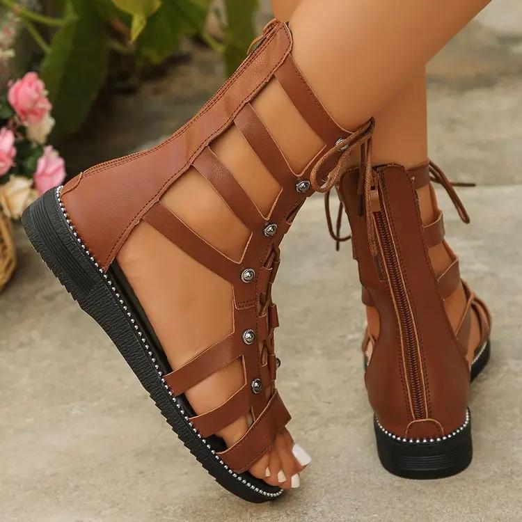 Fashion Gladiator Sandals Women Flat Sandals Summer New Hollow Out Sandal High-top Cool Boots for Women Cross Strap Roman Shoes