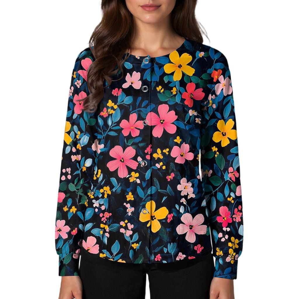 Women's Long Sleeve Button Front Floral Print Medical Scrub Top Lightweight Comfortable Fit Nursing Uniform Shirt