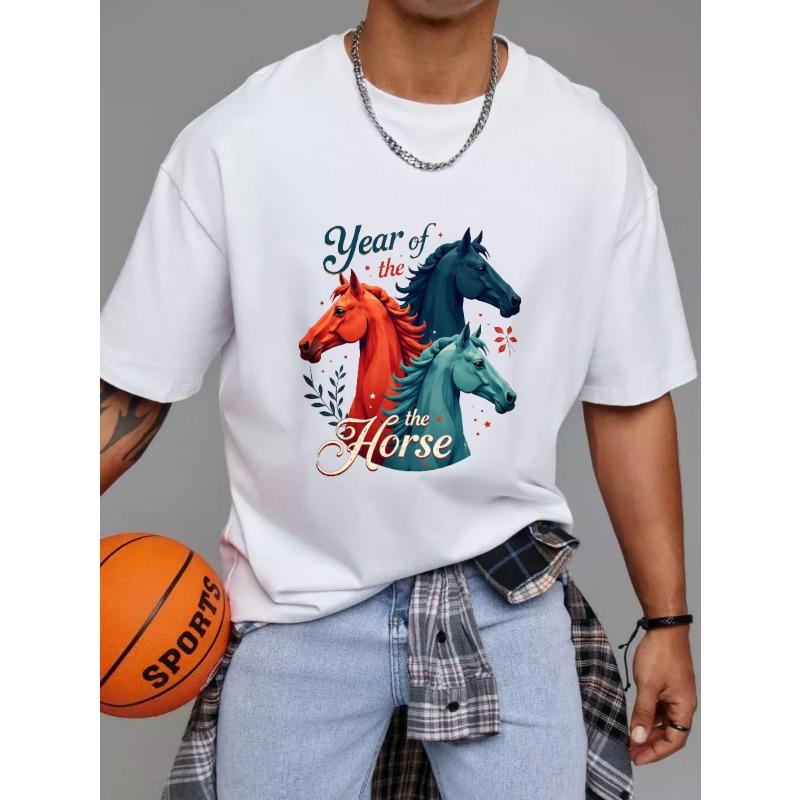 T-Shirt White Year of The Horse Print with Three Horses and Floral Design for Casual Wear