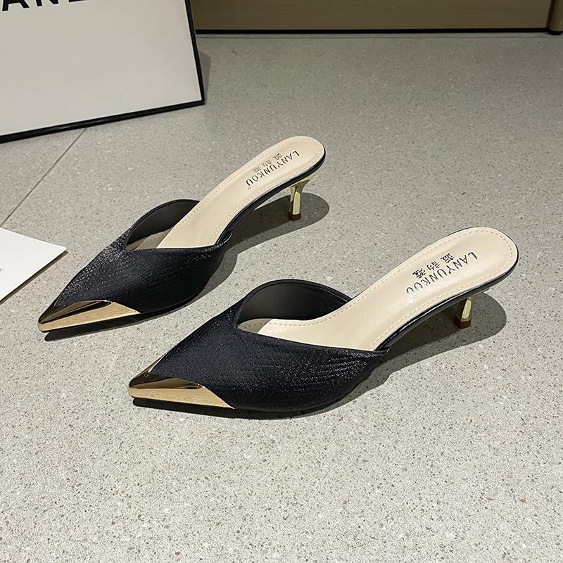 Fashion Leisure Pumps Sandals Female Office Career Thin High Heels Pointed Toe Shoes for Women Leather Slip On Summer Sandals