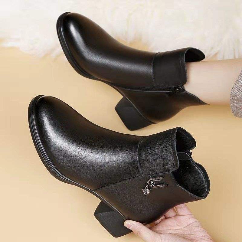 Frühling, Herbst und Winter 2025 neue Kurzstiefel mit dickem Absatz, Damen-High-Heel-Martin-Stiefel mit seitlichem Reißverschluss, vielseitige Damenstiefel, Samt-Baumwollstiefel