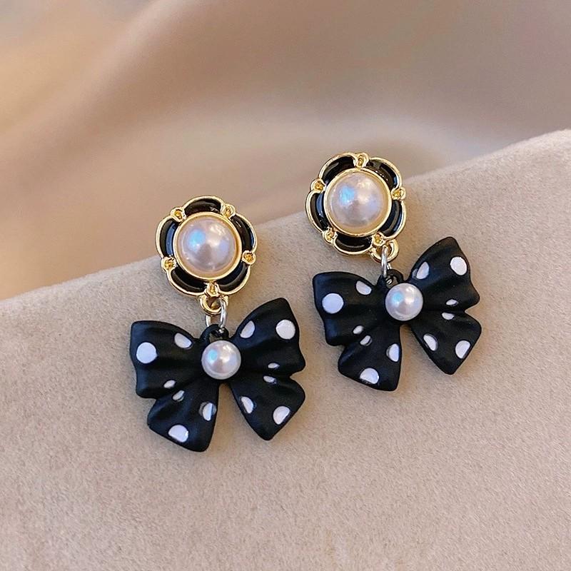 Cute Pearl Bowknot Colorful Polka Dots Bowknot Drop Pendant Earrings for Women Girls Party Dating Wedding Jewelry Accessories