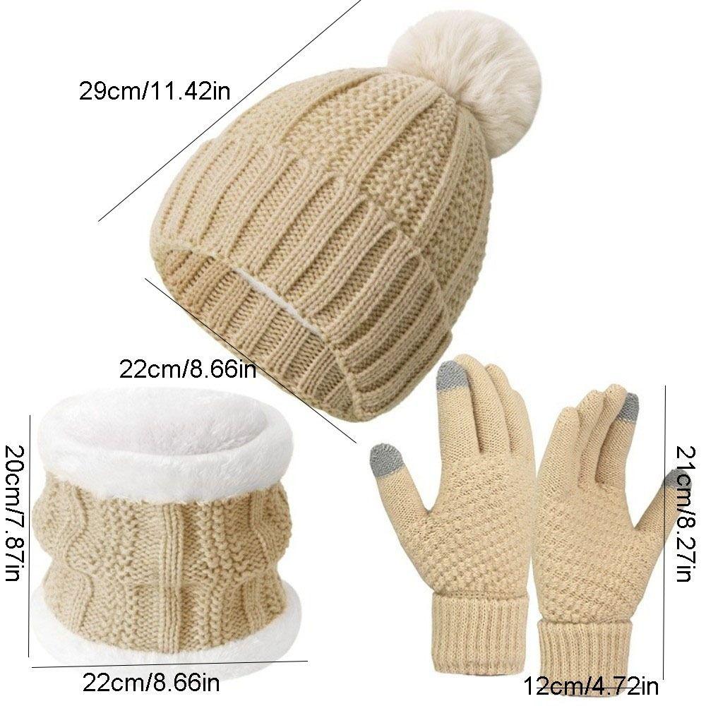 3pcs Soft Solid Color Hat Scarf Gloves Set Cute Pompom Thickened Knitted Hat with Velvet Keep Warm Beanie Hat Kids