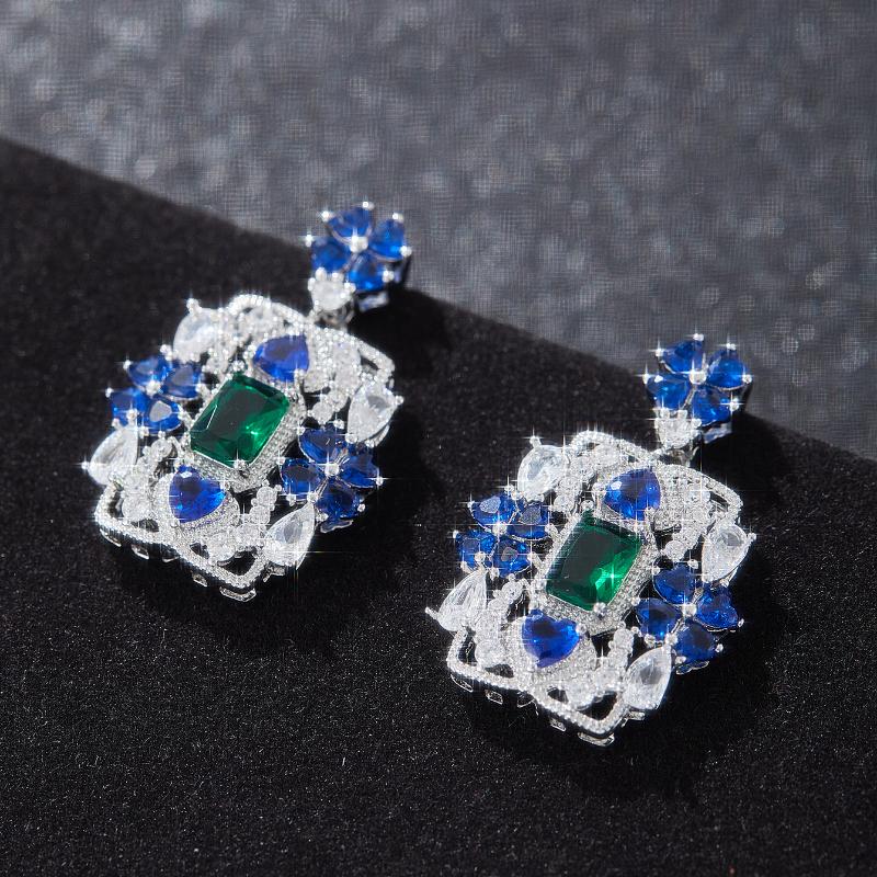 

Французские винтажные серьги-подвески в дворцовом стиле с голубыми и белыми цирконами в форме цветка и квадрата для женщин, изысканная легкая роскошь, подарок на годовщину
