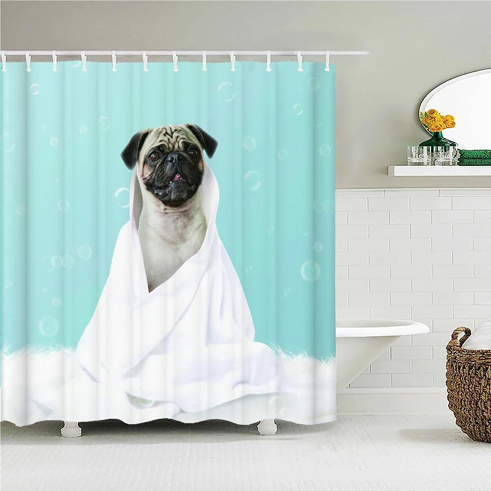 

Cute Funny Pug Dog Shower Curtains 3D Printing Pet Bathroom Curtains With Hooks Waterproof Polyester Bath Screen Home Decoration W60H190(CM)-1 Pcs