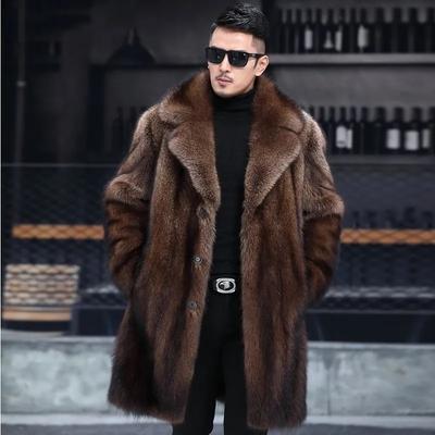 Pánský luxusní hnědý kabát z umělé norkové kožešiny, dlouhý, s klopami, teplý zimní kabát