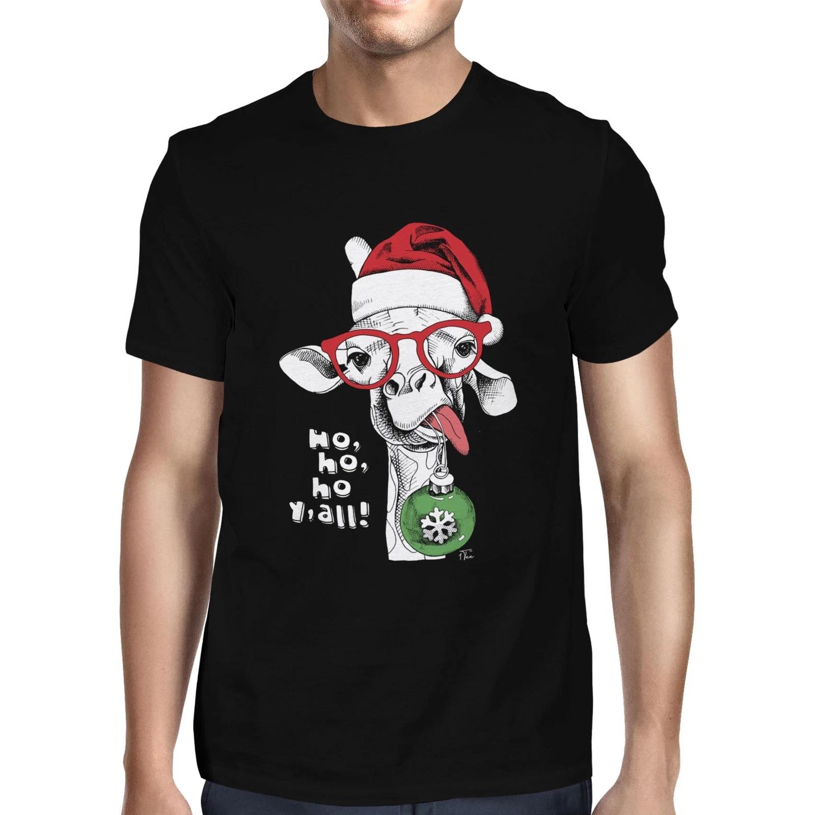 1Tee Mens Ho Ho Ho Y all Funny Hipster Giraffe Christmas T-Shirt XXL