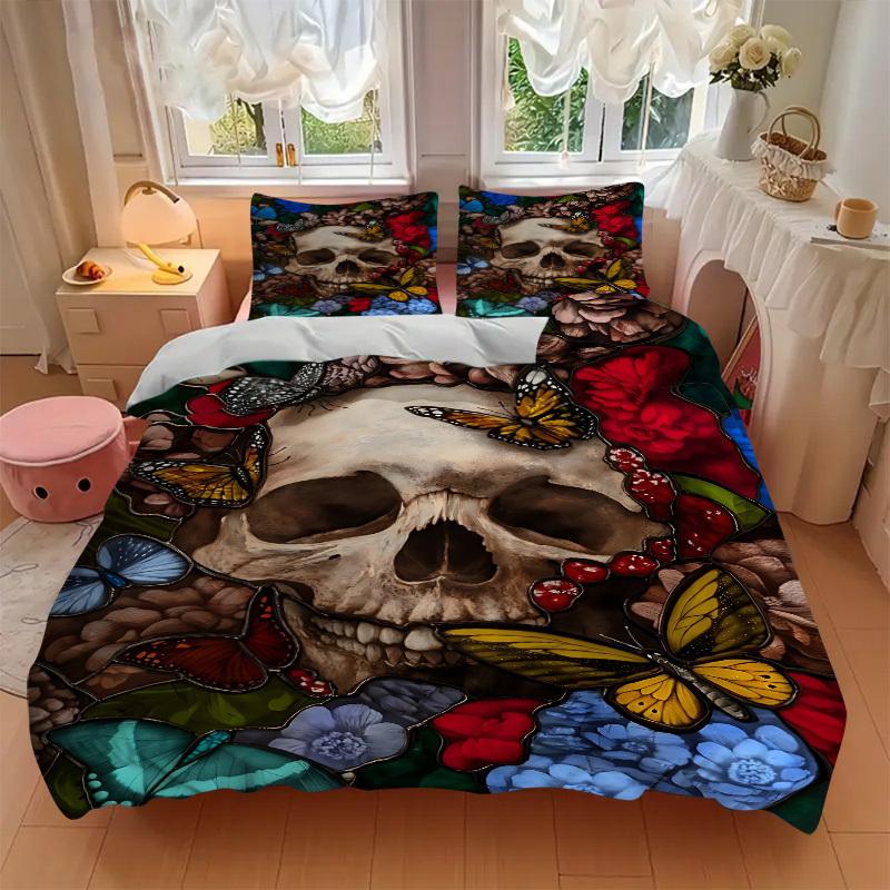 3pcs Skull, Butterfly Garden Duvet Cover Set - Machine Washable, Includes 1 Cover and 2 Pillowcases, No Core Included yy251013017