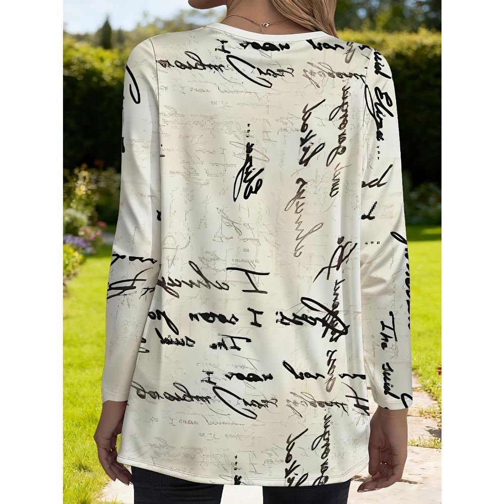 Women'S Elegant Letter Print Loose Top with Pockets, Comfortable All-Match Autumn Long Sleeve T-Shirt
