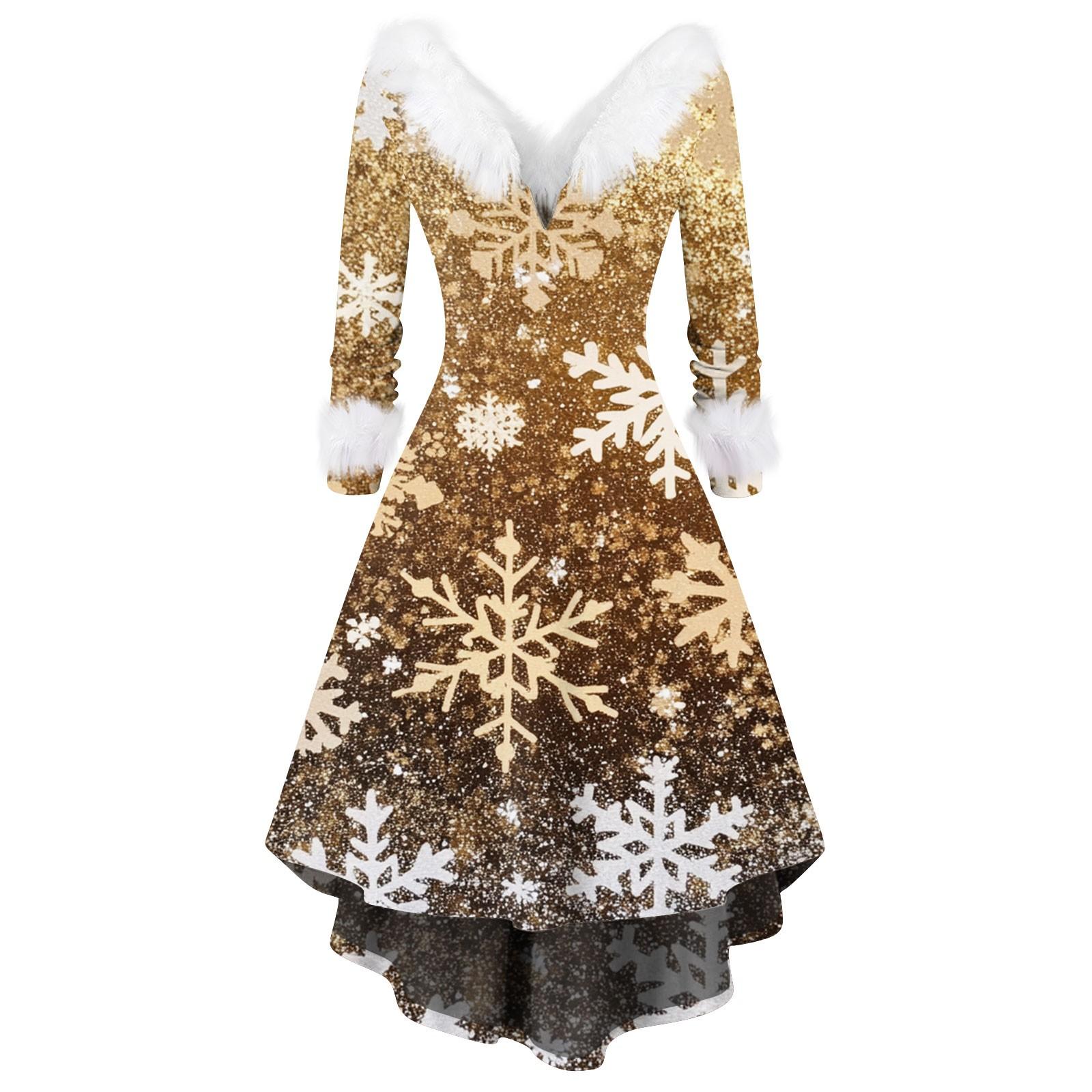 

Женское модное повседневное платье с v-образным вырезом и рождественским принтом для вечеринки с длинными рукавами M золотой