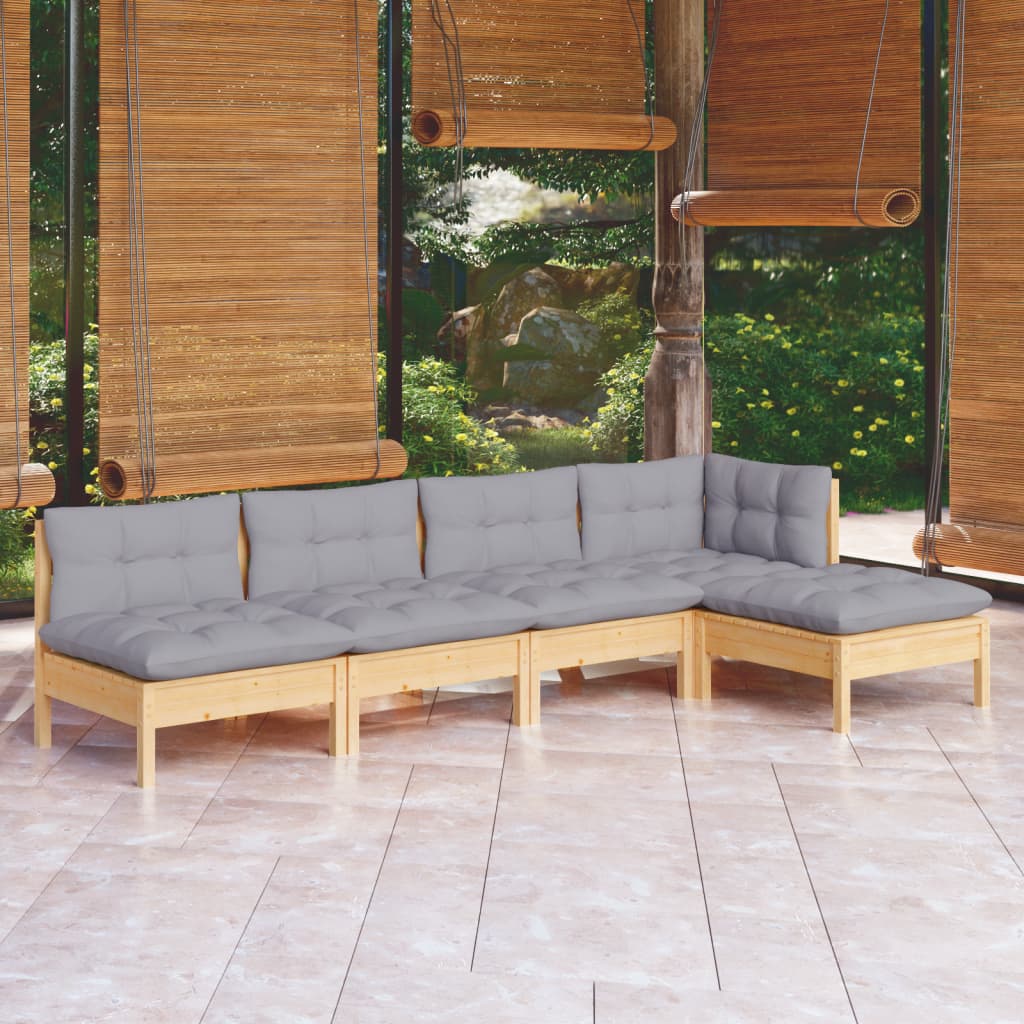 5 Piece Garden Lounge Set with Grey Cushions Pine Wood