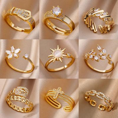 Luxe Zircon Geometrische Ringen Voor Vrouwen Roestvrij Staal Goudkleur Open Ring Trendy Bruiloft Feest Esthetische Sieraden Cadeau Femme