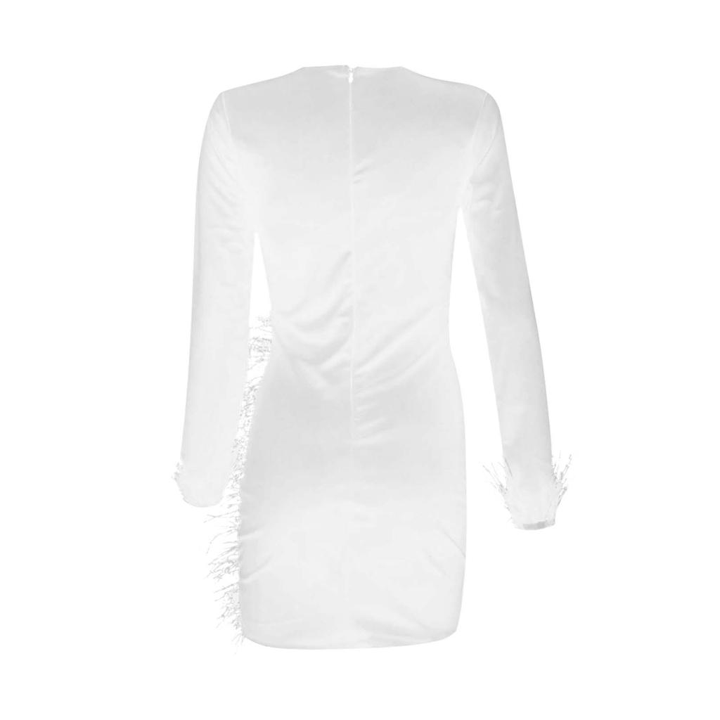 Women V-Neck Long Sleeve Solid Color Sexy Mesh Feather Casual Dress