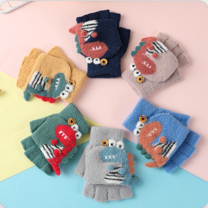 Kawaii Cartoon Dino Kids Gloves Half Finger Flip Gloves for Boys Girls Children Winter Warmth Writing Gloves 3-6T