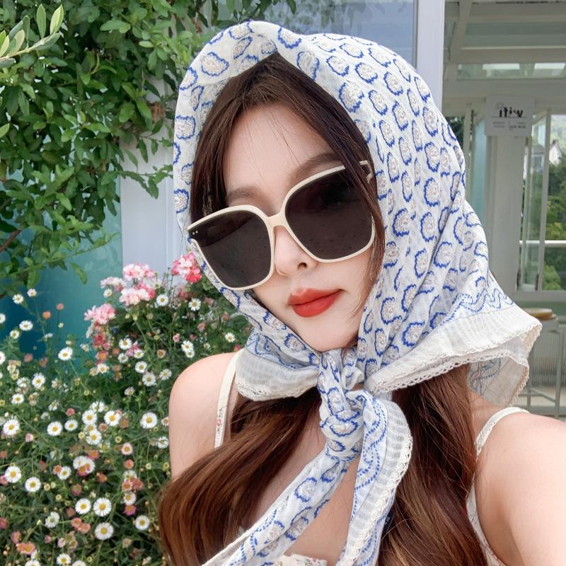 91CM large square scarf women's Japanese retro cashew flower cotton and linen silk scarf temperament lace thin sunscreen shawl headscarf