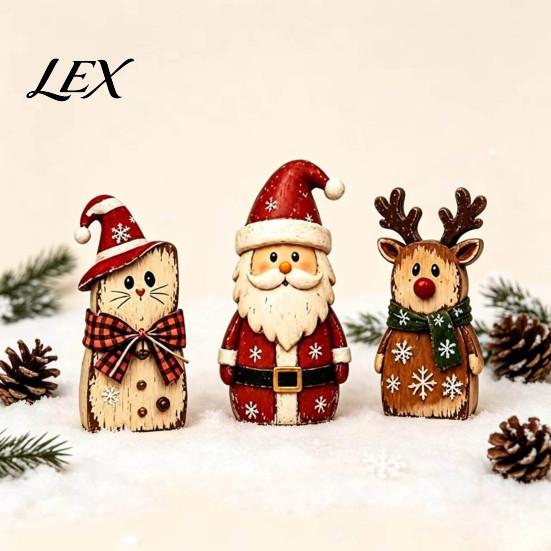 Vintage Santa Claus Elk Cat Figurines Christmas Wooden Tabletop Figurine, Hand Painted Reindeer Decor, Rustic Tiered Tray Display Accents Wood Holiday