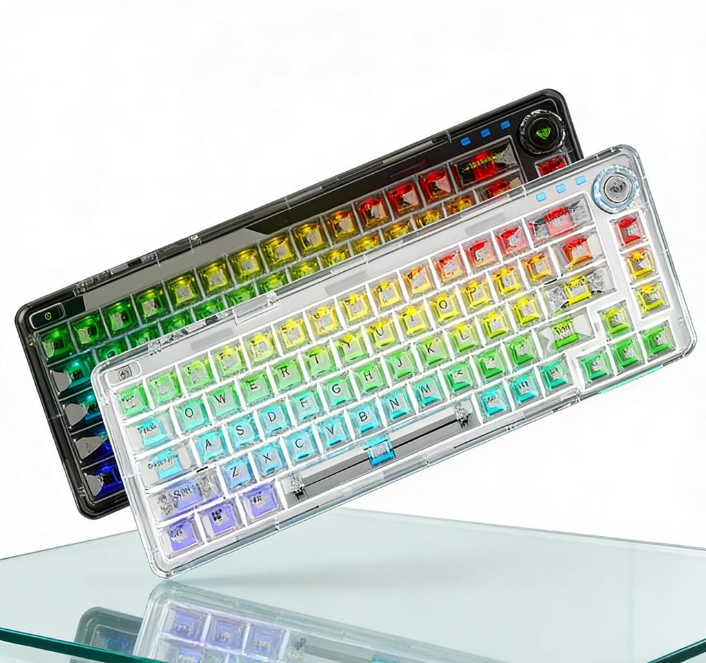 3-in-1 Transparent Mechanical Keyboard, Hot Swappable, RGB Backlit, Custom Keycaps for Gaming Office
