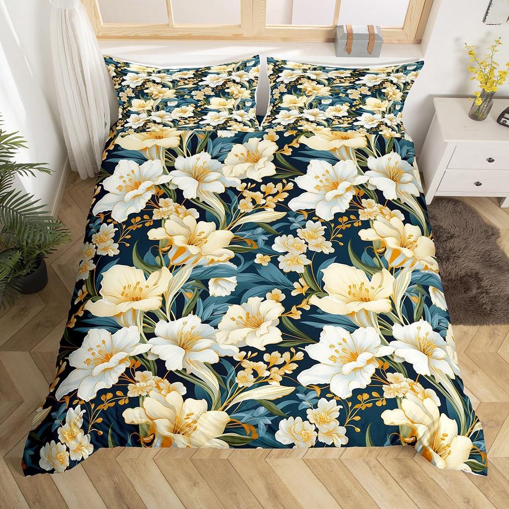 Botanical Lily Duvet Cover Twin Full Queen King Chic Floral Comforter Cover Boho Flower Bedding Set Watercolor Petals Bed Set
