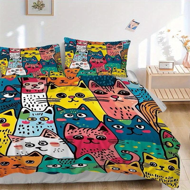 3Pcs Colorful Cats Printed Bedding Set, Breathable And Soft,(Includes 1 Duvet Cover And 2 Pillowcases, Quilt Not Included) yy250815146