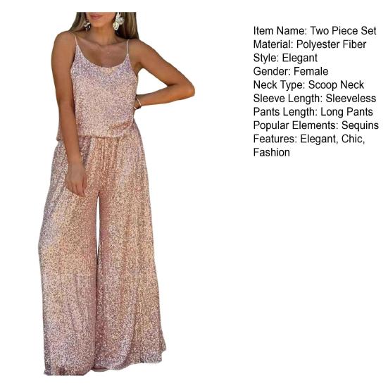 Women Sequin Two Piece Outfit Sleeveless Cami Scoop Neck Top Wide-leg Pants