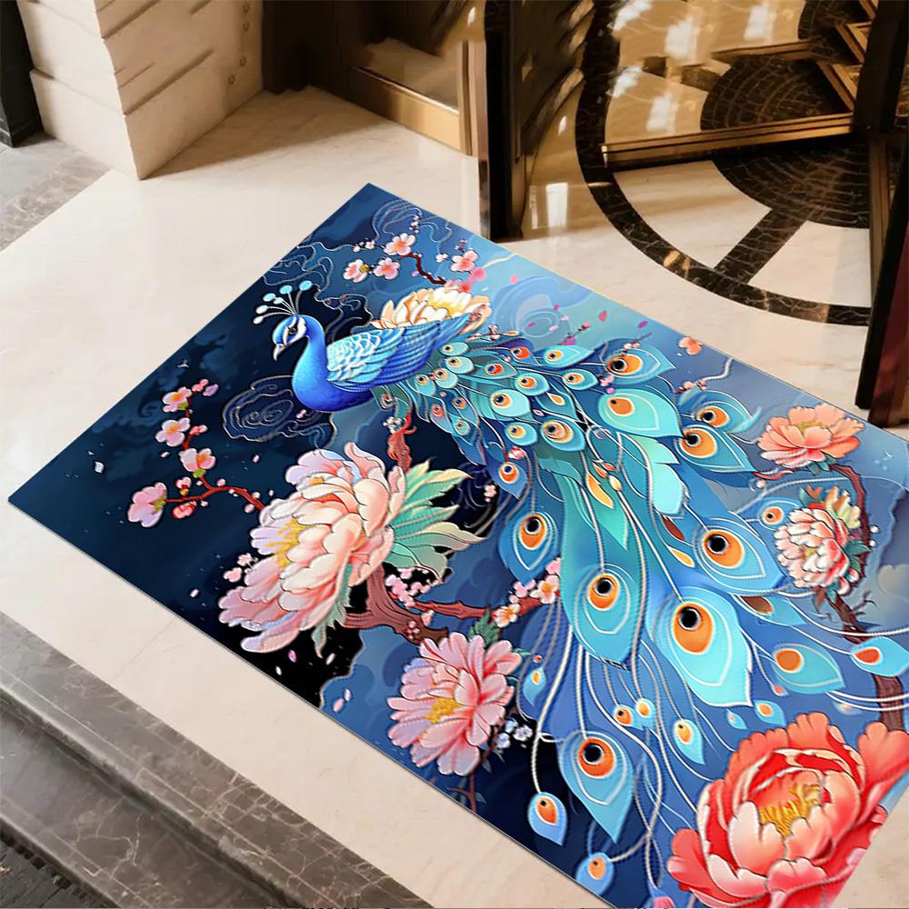 1pc Home Carpet Peacock and Flowers Non-Slip Design for Office Decor Living Room Bedroom Gift