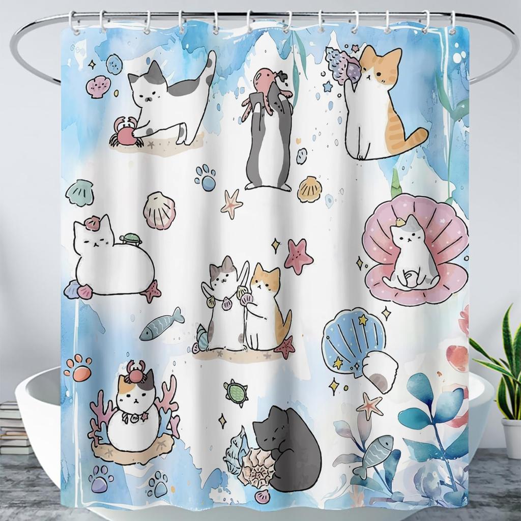 Cute Cat Cartoon Pet Cat Kitten Bathroom Curtain,Cat Paw Print Cat Lover Bath Curtain Polyester Waterproof Bathroom Curtain Wi