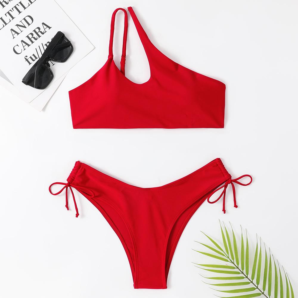 Women's One-Shoulder Solid Color Sexy Two-Piece Bikini Swimsuit