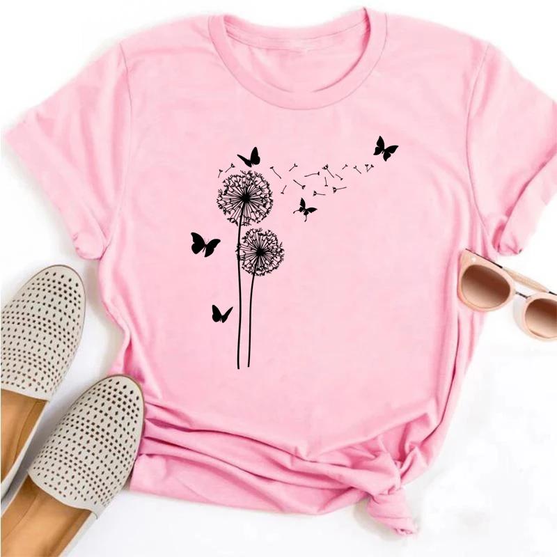 Summer Dandelion Butterfly Print Women T-shirt Funny T Shirt Gift for Lady Young Girl Tops
