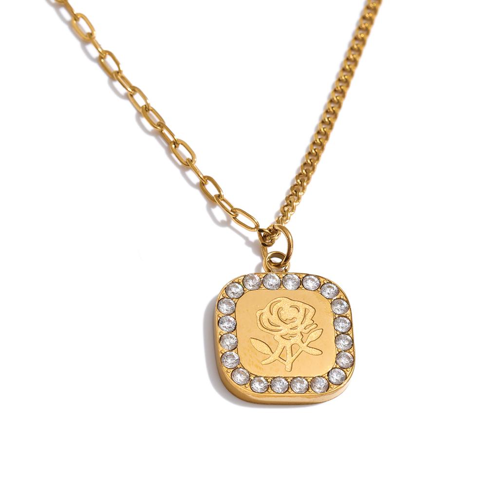 

Yhpup Stainless Steel Zirconia Flower Square Pendant Necklace for Women Spring Summer Style Exquisite Chic Jewelry Gift