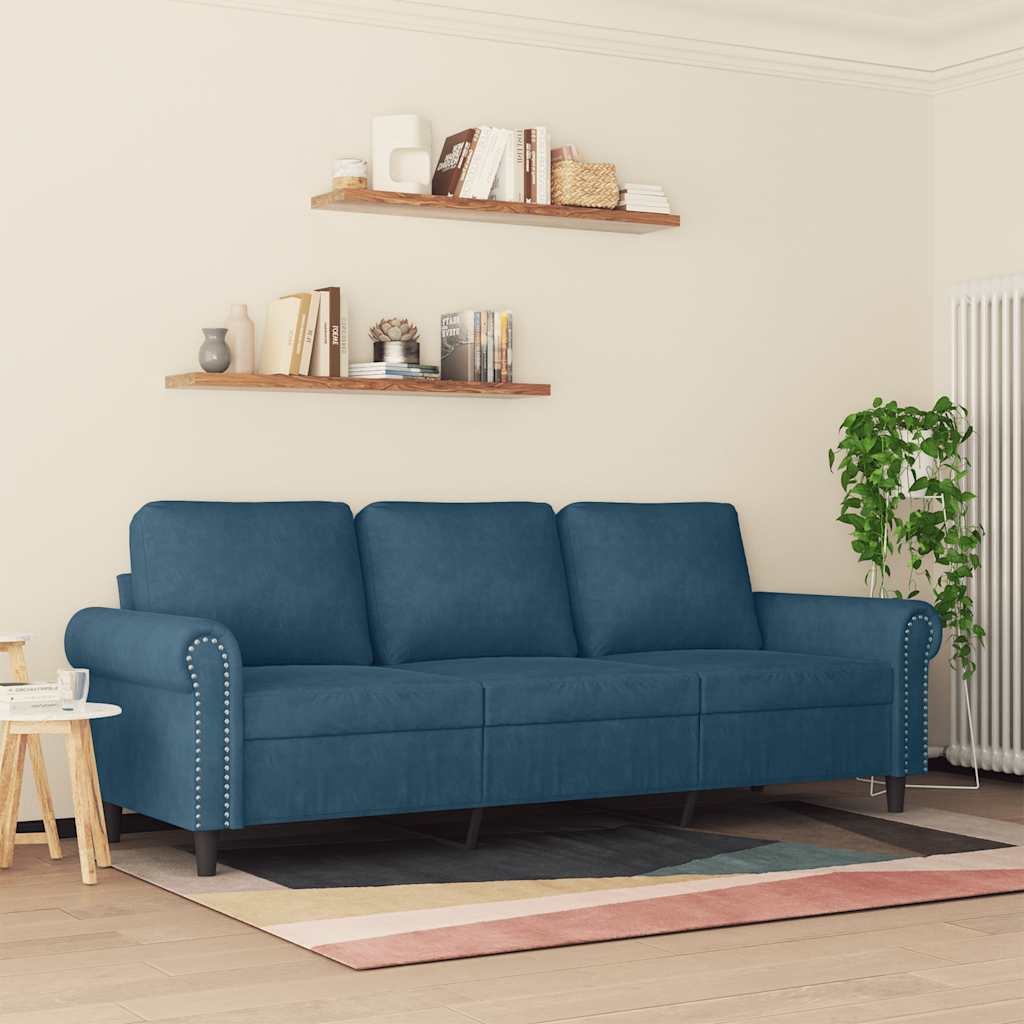 Vidaxl 3-Seater Sofa, Blue, 180 Cm, Upholstered In Velvet