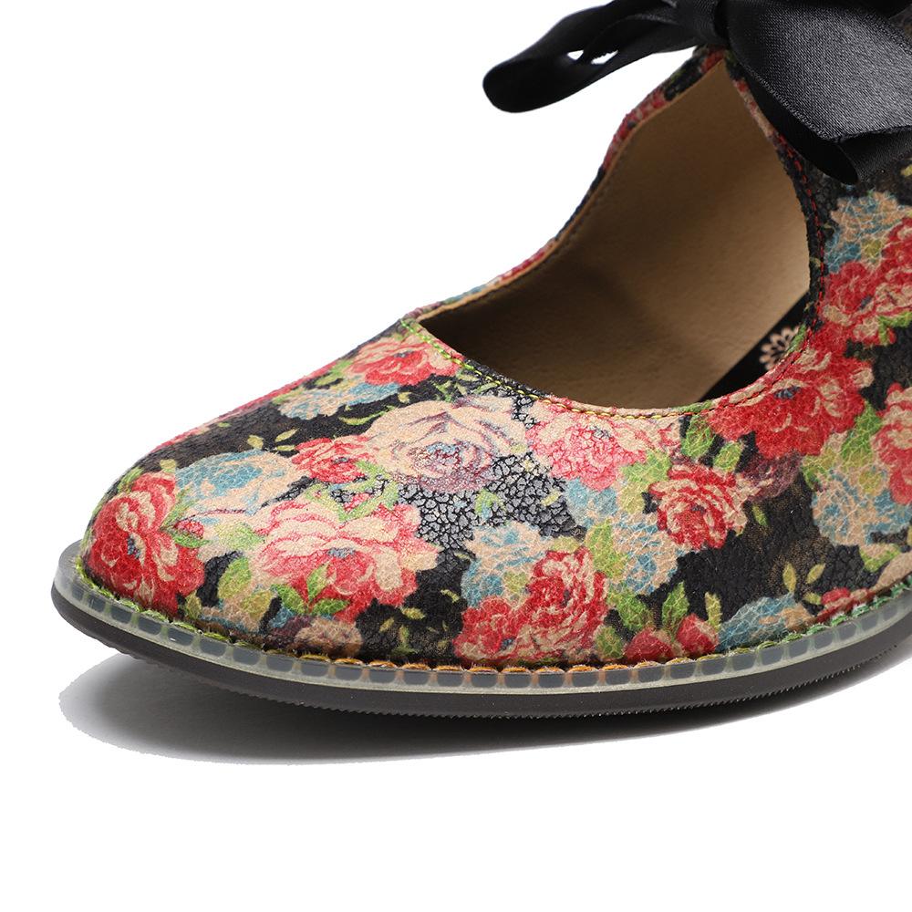 Johnature Dames Schoenen Zoete Print Pumps Vintage Landelijke Bloemige Kant Strik Dames Middelhoge Hak Schoenen