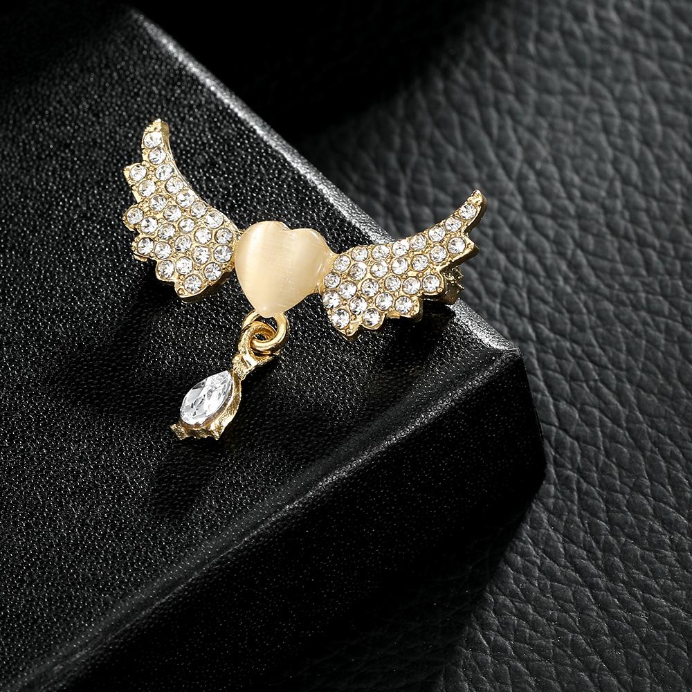 Women Dazzling Wings Heart With Water-Drop Design Crytsal Brooches Beauty Full Rhinestone Paved Golden Lapel Pins For Lady Girls