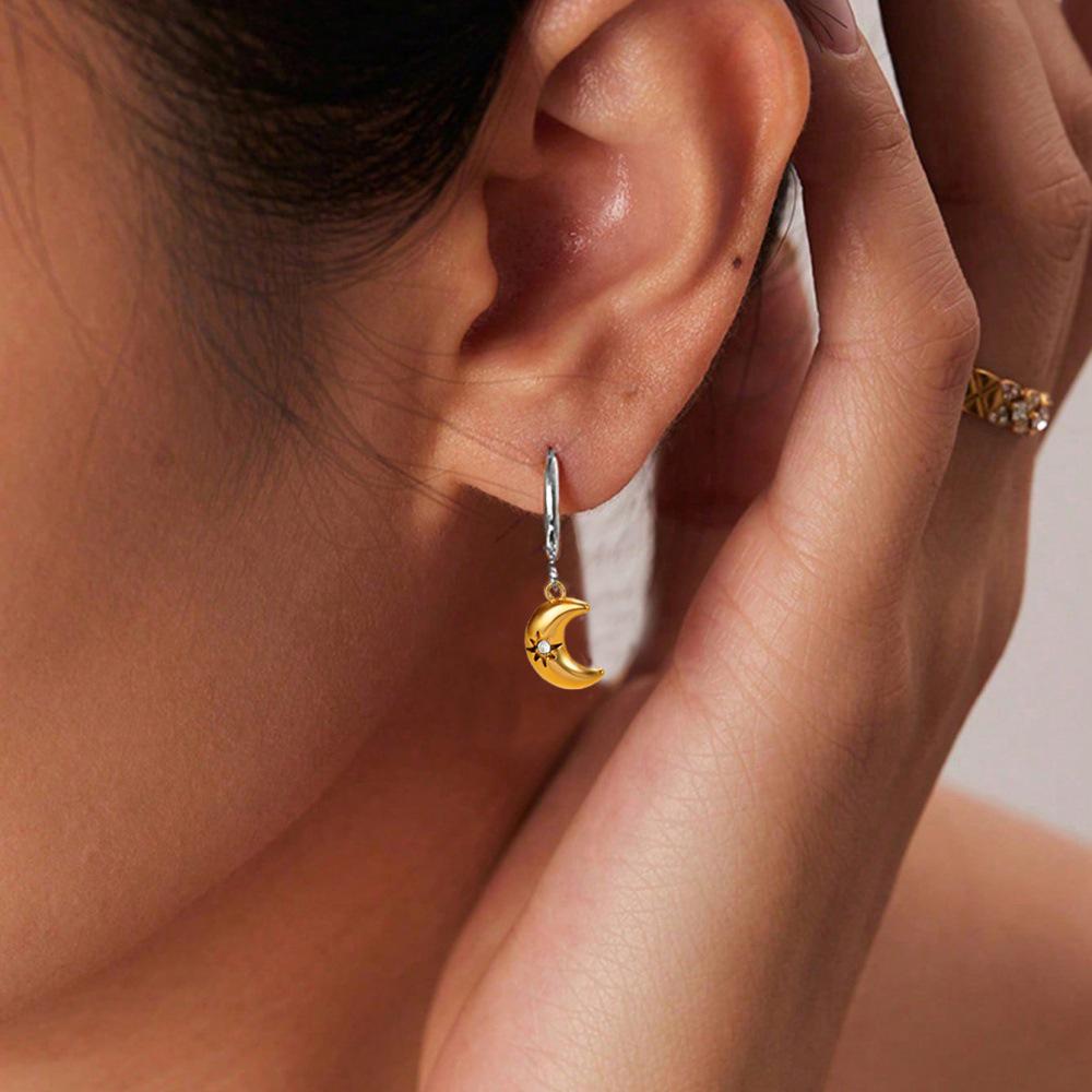 Borderless Fashion Star and Moon Two-Color Earrings: Gold-Plated Stainless Steel Silver Design Jewelry