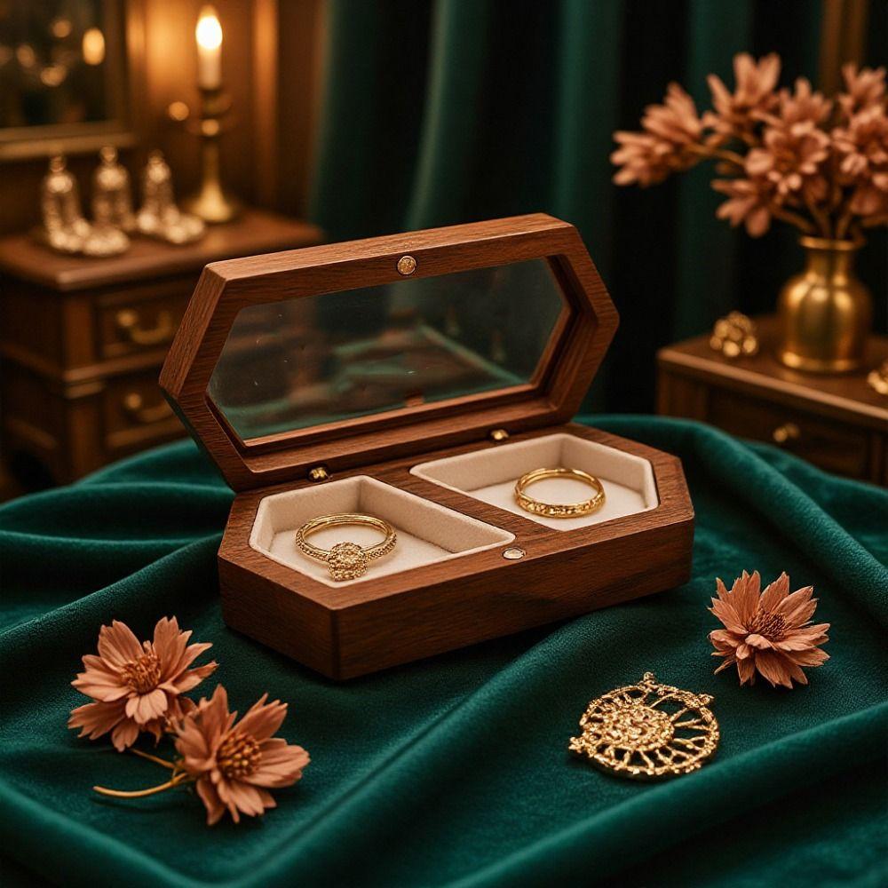 Square Mini Wood Rings Box Luxury Jewelry Organizer Simple Rings Bearer Box  Couple