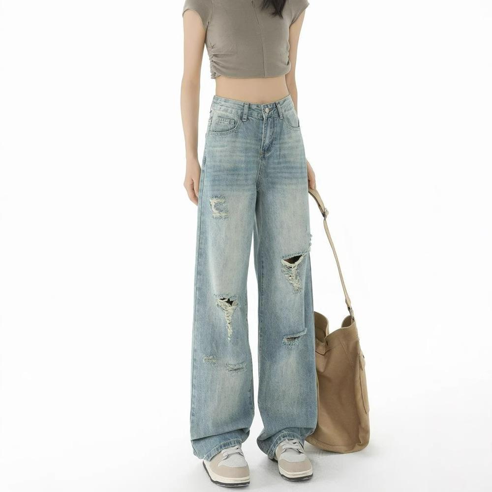 Comfortable Broken Jeans Women's Thin Washed Designed Sense High Waisted Slim Dragged Wide Legged Pants Long Pants Jeans for Women Long Denim Pants
