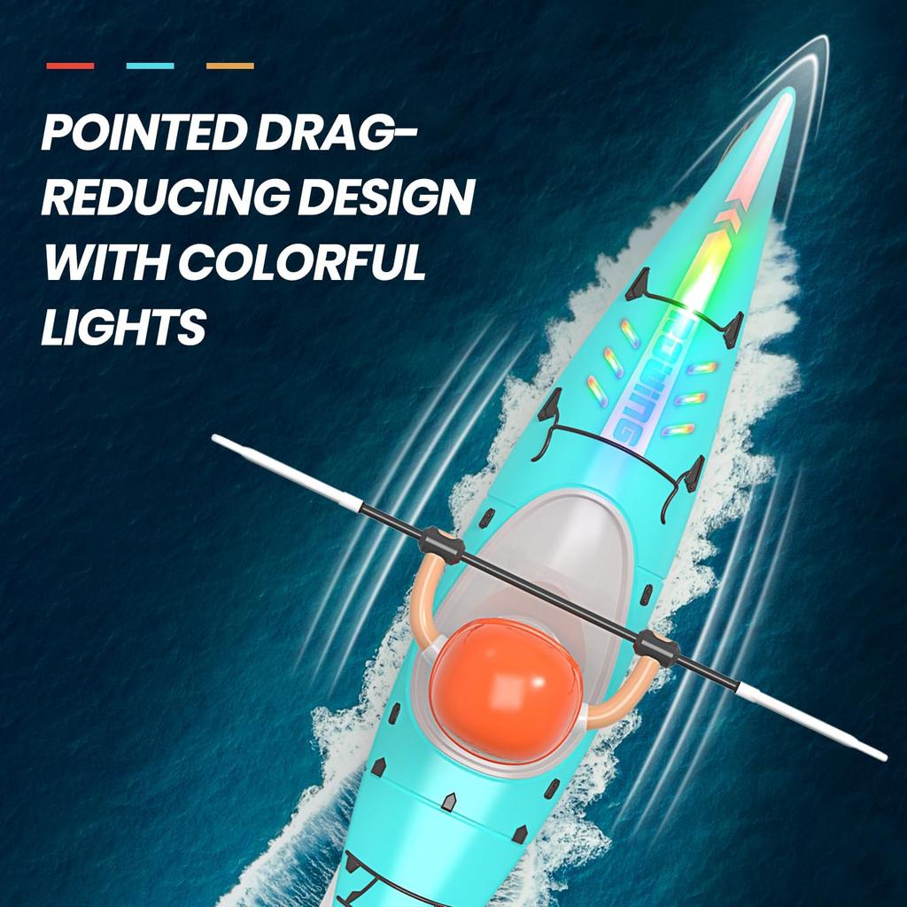RC Kayak Boat W/Colorful LED Light for Kids, Innovative Realistic Paddling Design,2.4 Ghz Remote Control Boat Toy, Never Capsize for Lake,