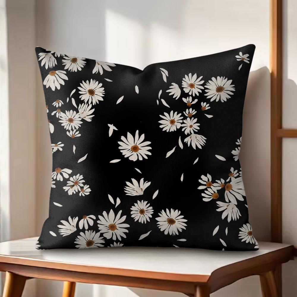 Black Daisy Cushion Cover Natural Linen Organic Fabric DoubleSided Printing Couch Pillow Covers Home Decor