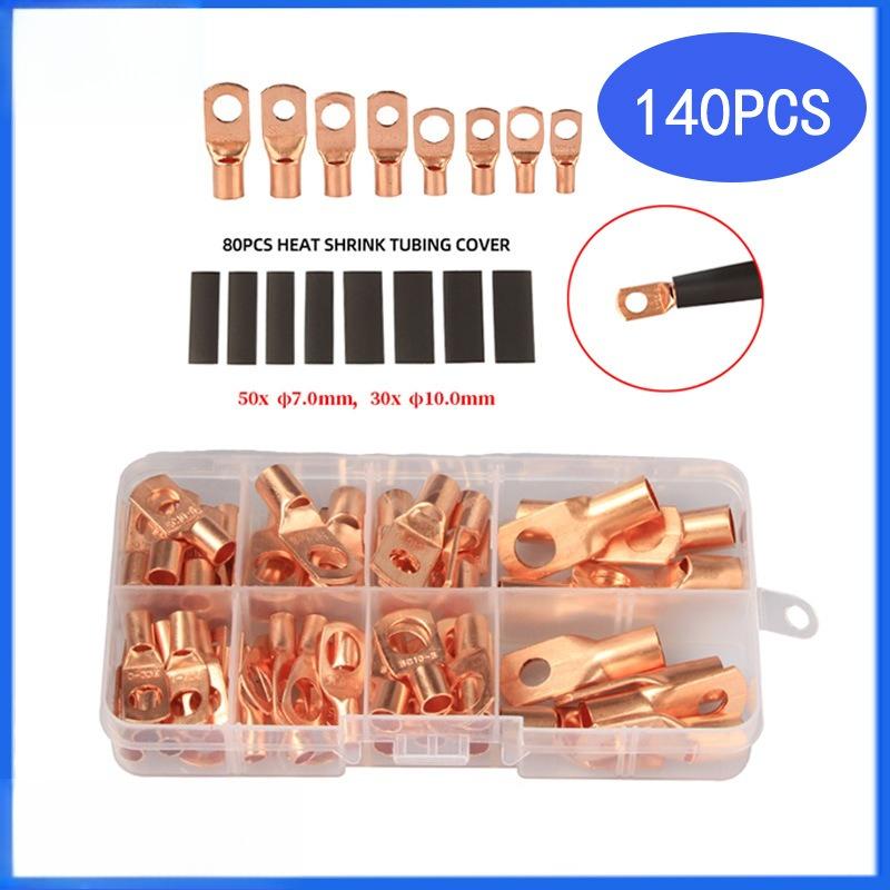 140Pcs/Box SC Copper Open Barrel Terminals with Black Heat Shrink Tubing Bare Cable Connectors
