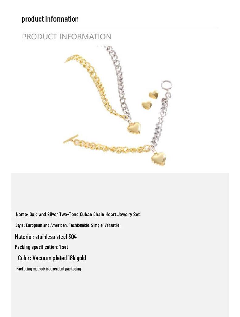 18K Gold-Plated Cuban Chain Necklace, Titanium Steel OT Buckle Bracelet, Light Luxury Fashion Earrings Set