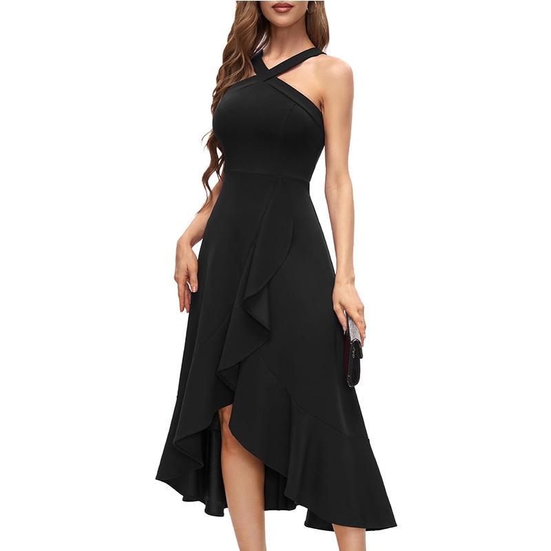 Vestido Midi Sexy Rojo para Mujer con Cruces en el Cuello Halter Volantes Dobladillo Asimétrico Sin Mangas Elegante para Noche Cóctel Boda Dama de Honor Fiesta Formal Baile de Fin de Curso
