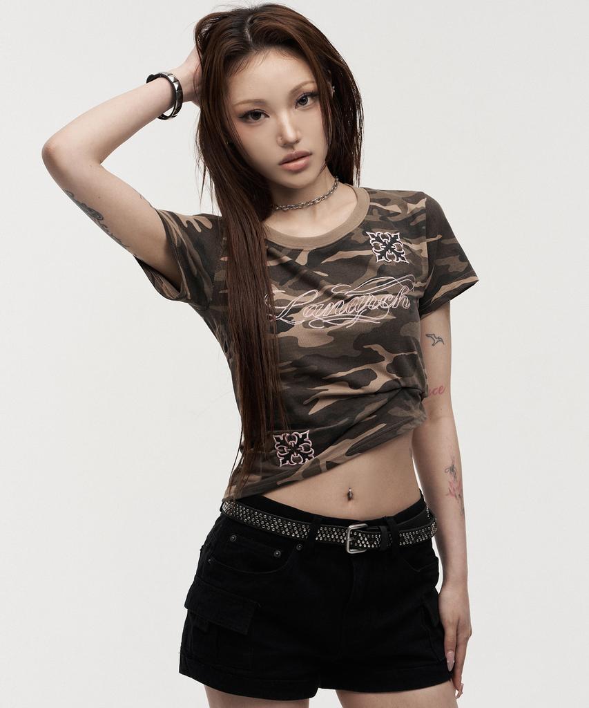 LANARCHIVE [0143] Camo Chain Embroidery Women'S Short Sleeve T-Shirt - Camo