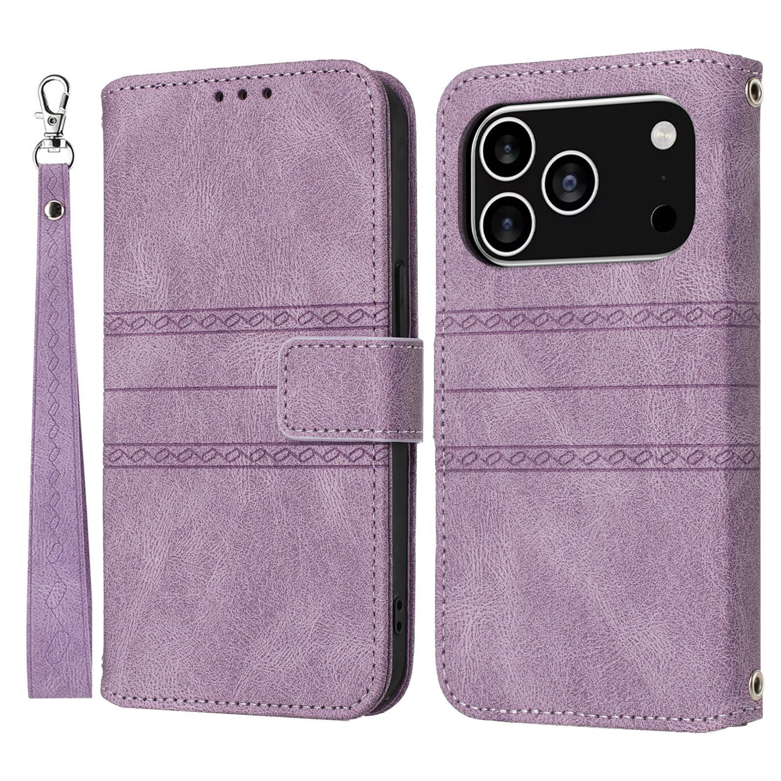 

For iPhone 17 Pro Case Wallet Skin-Touch Leather Imprinted Phone Cover with Wrist Strap Purple