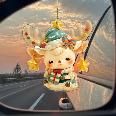 Vánoční přívěsek na auto 2D akrylová klíčenka Santa Sob Vánoční ozdoba k zavěšení na zrcátko do auta Slavnostní dekorace pro domov strom