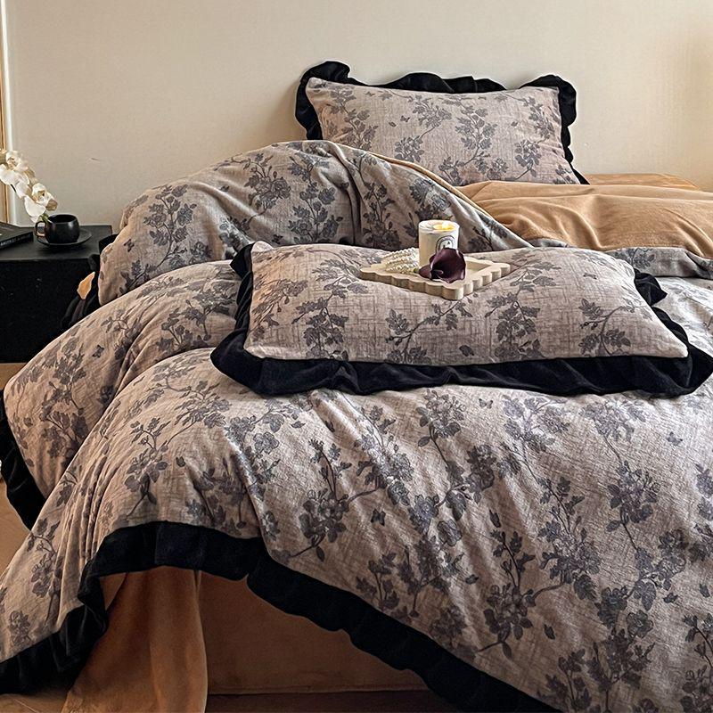 G5Z Melkfluweel & Kant Beddengoed Set: Verdikte Vierdelige Flanel & Koraalvlies, Dubbelzijdig met Dekbedovertrek.