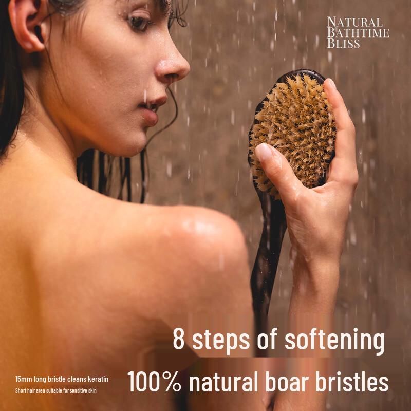 KRRAMEL Ebony Wood Long Handle Boar Bristle Bath Brush Includes Goat Milk Soap Gift